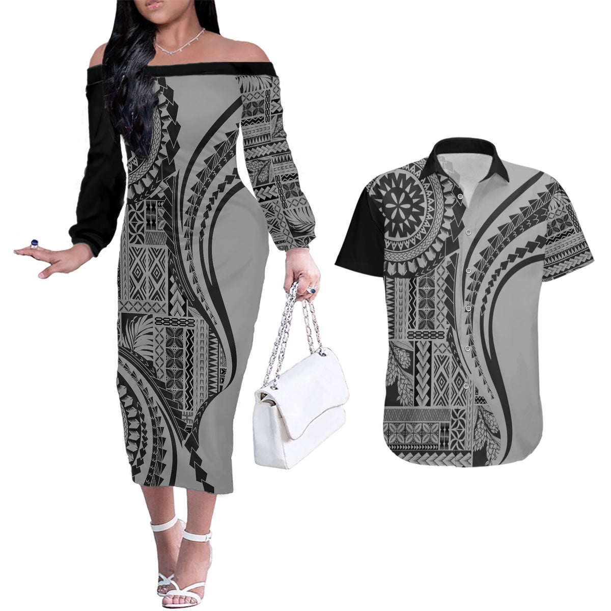 Samoa Siapo Arty Couples Matching Off The Shoulder Long Sleeve Dress and Hawaiian Shirt Black Style LT9 - Wonder Print Shop