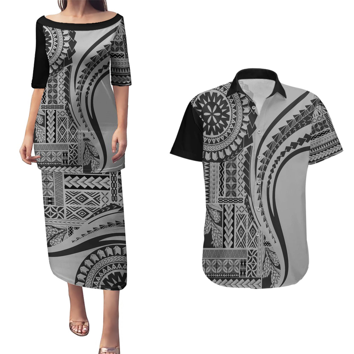 Samoa Siapo Arty Couples Matching Puletasi Dress and Hawaiian Shirt Black Style LT9 - Wonder Print Shop