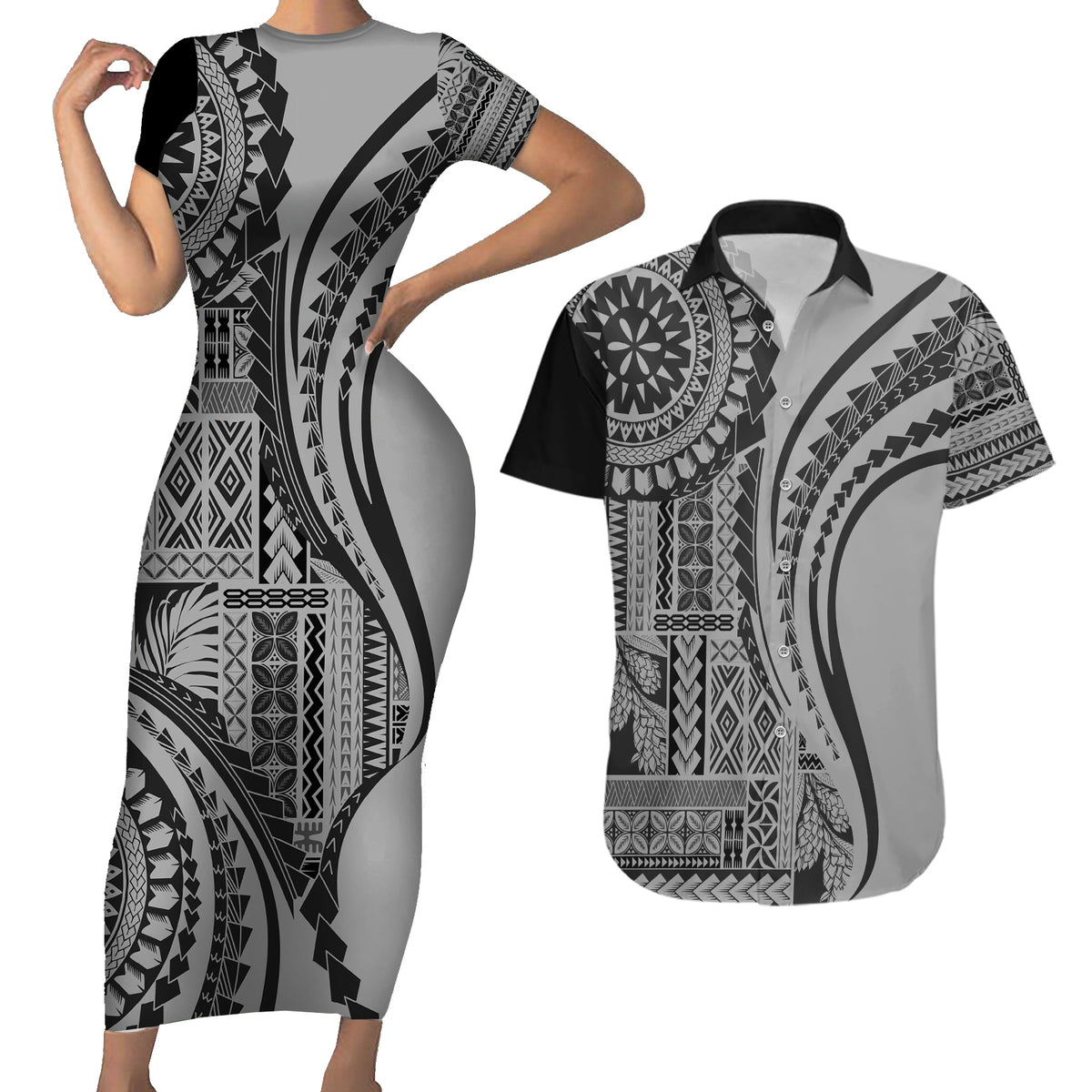 Samoa Siapo Arty Couples Matching Short Sleeve Bodycon Dress and Hawaiian Shirt Black Style LT9 - Wonder Print Shop