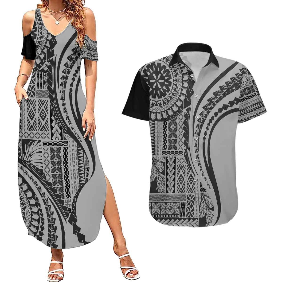 Samoa Siapo Arty Couples Matching Summer Maxi Dress and Hawaiian Shirt Black Style LT9 - Wonder Print Shop