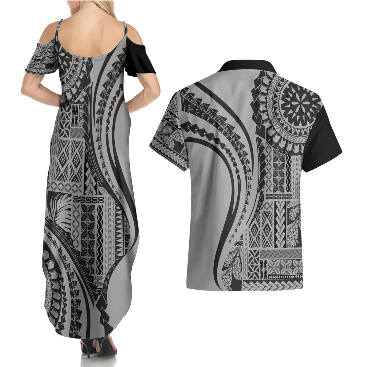 Samoa Siapo Arty Couples Matching Summer Maxi Dress and Hawaiian Shirt Black Style LT9 - Wonder Print Shop