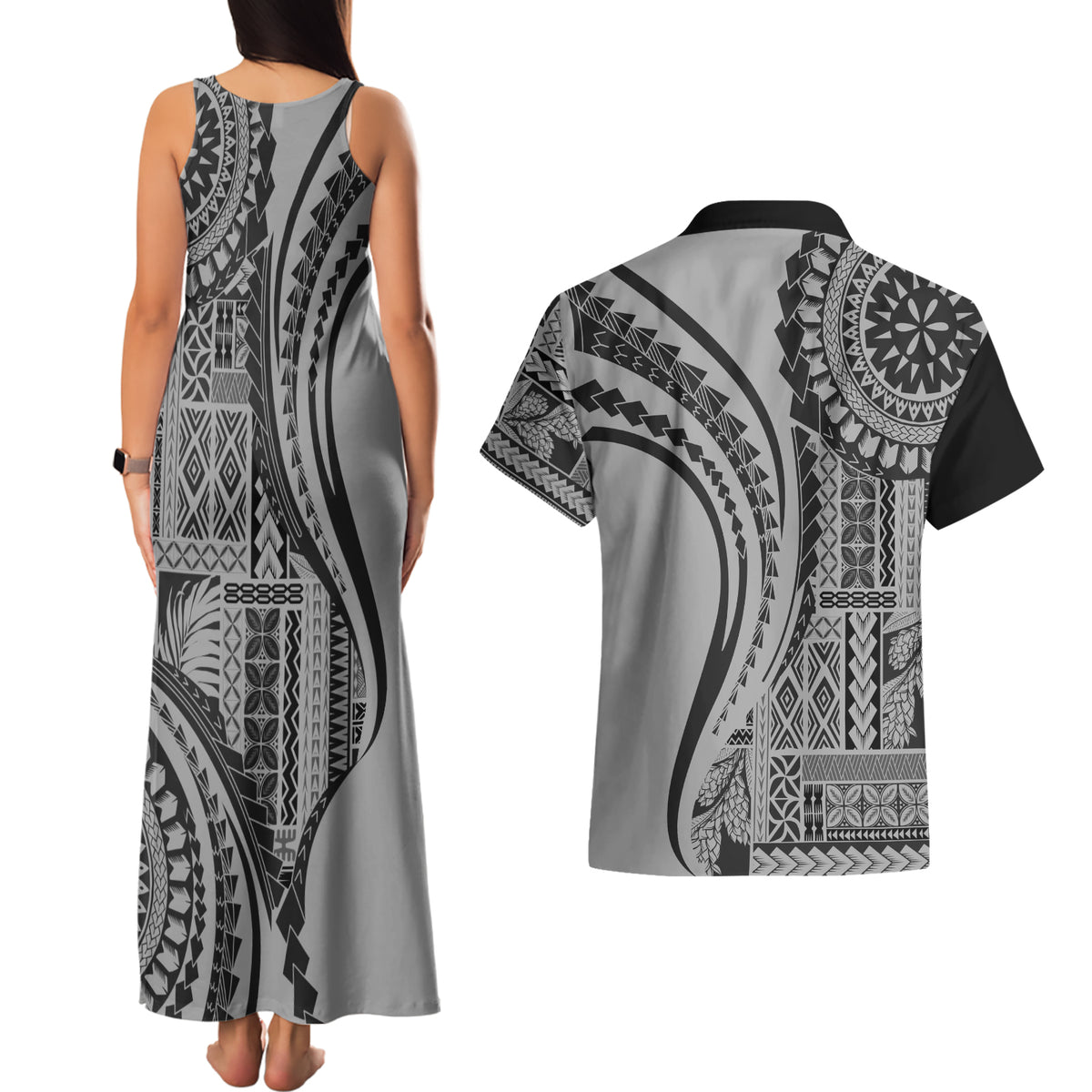 Samoa Siapo Arty Couples Matching Tank Maxi Dress and Hawaiian Shirt Black Style LT9 - Wonder Print Shop