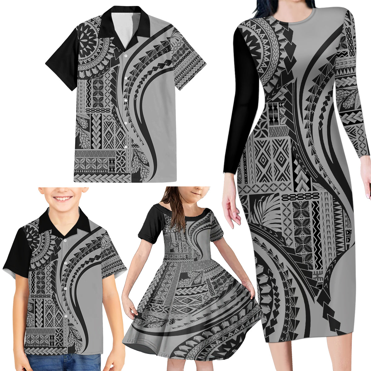 Samoa Siapo Arty Family Matching Long Sleeve Bodycon Dress and Hawaiian Shirt Black Style LT9 - Wonder Print Shop