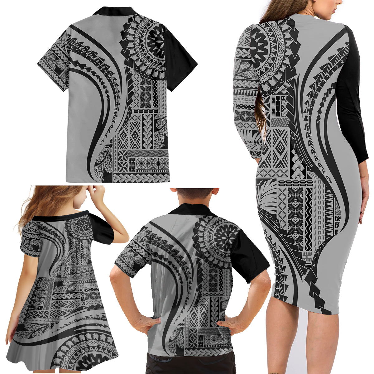 Samoa Siapo Arty Family Matching Long Sleeve Bodycon Dress and Hawaiian Shirt Black Style LT9 - Wonder Print Shop