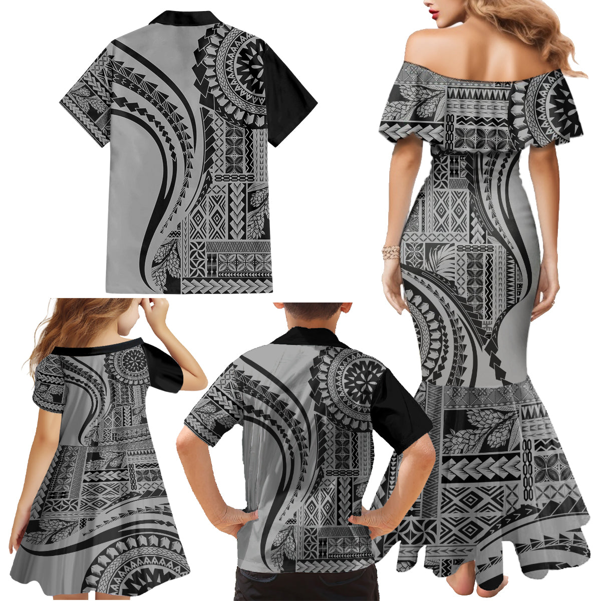 Samoa Siapo Arty Family Matching Mermaid Dress and Hawaiian Shirt Black Style LT9 - Wonder Print Shop