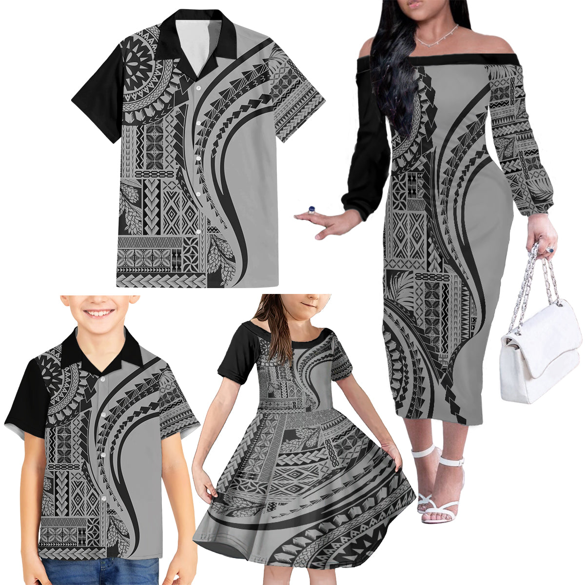 Samoa Siapo Arty Family Matching Off Shoulder Long Sleeve Dress and Hawaiian Shirt Black Style - Wonder Print Shop