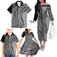 Samoa Siapo Arty Family Matching Off Shoulder Long Sleeve Dress and Hawaiian Shirt Black Style - Wonder Print Shop