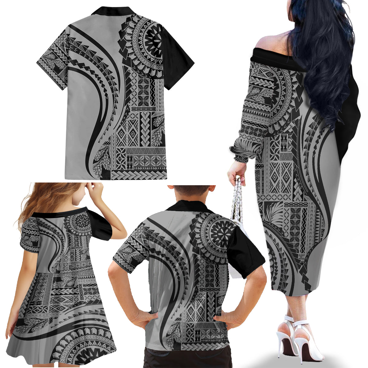Samoa Siapo Arty Family Matching Off Shoulder Long Sleeve Dress and Hawaiian Shirt Black Style - Wonder Print Shop