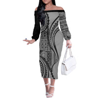 Samoa Siapo Arty Family Matching Off Shoulder Long Sleeve Dress and Hawaiian Shirt Black Style - Wonder Print Shop