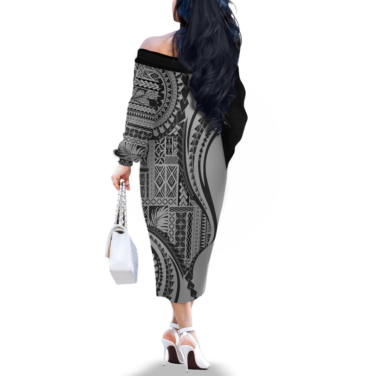 Samoa Siapo Arty Family Matching Off Shoulder Long Sleeve Dress and Hawaiian Shirt Black Style - Wonder Print Shop