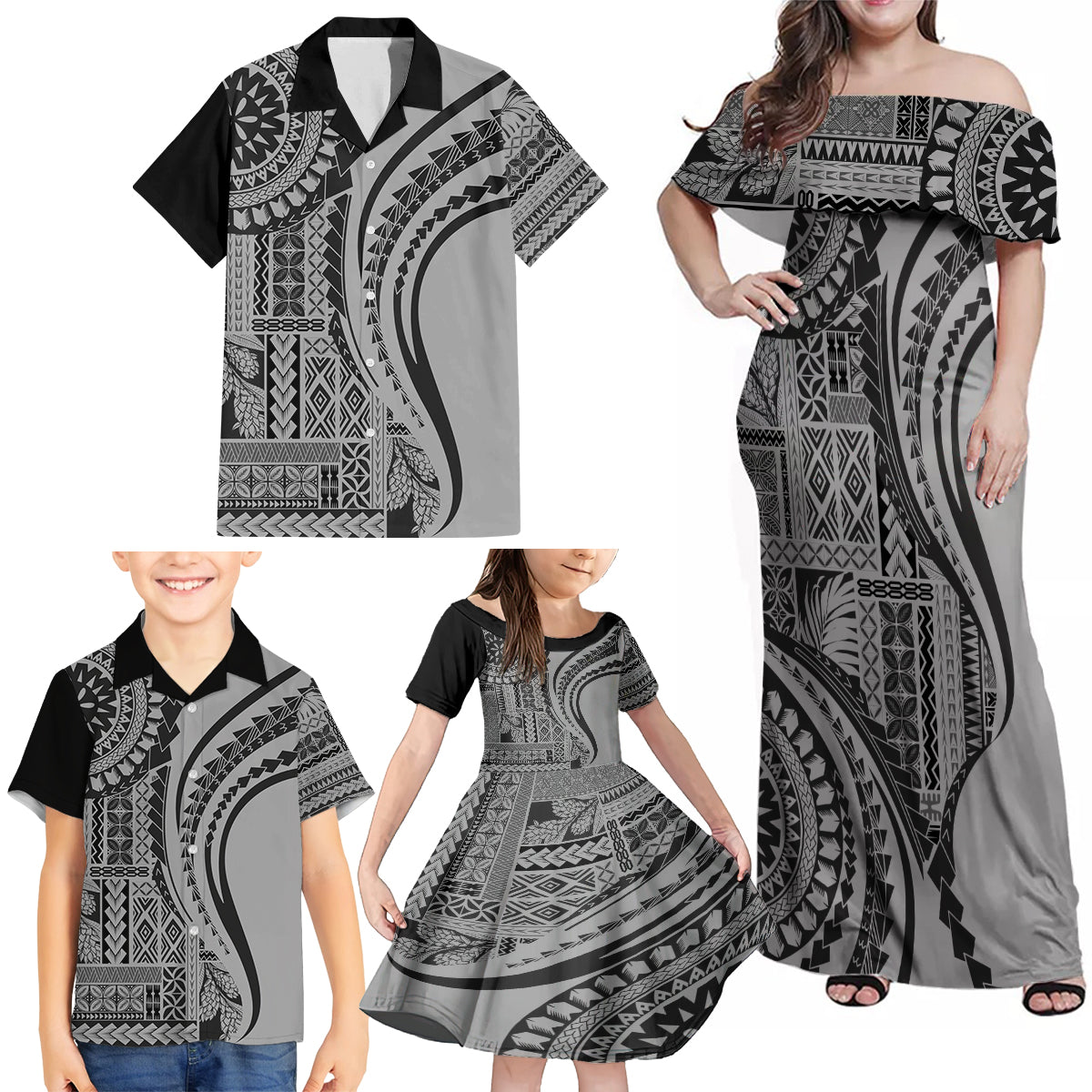 Samoa Siapo Arty Family Matching Off Shoulder Maxi Dress and Hawaiian Shirt Black Style LT9 - Wonder Print Shop