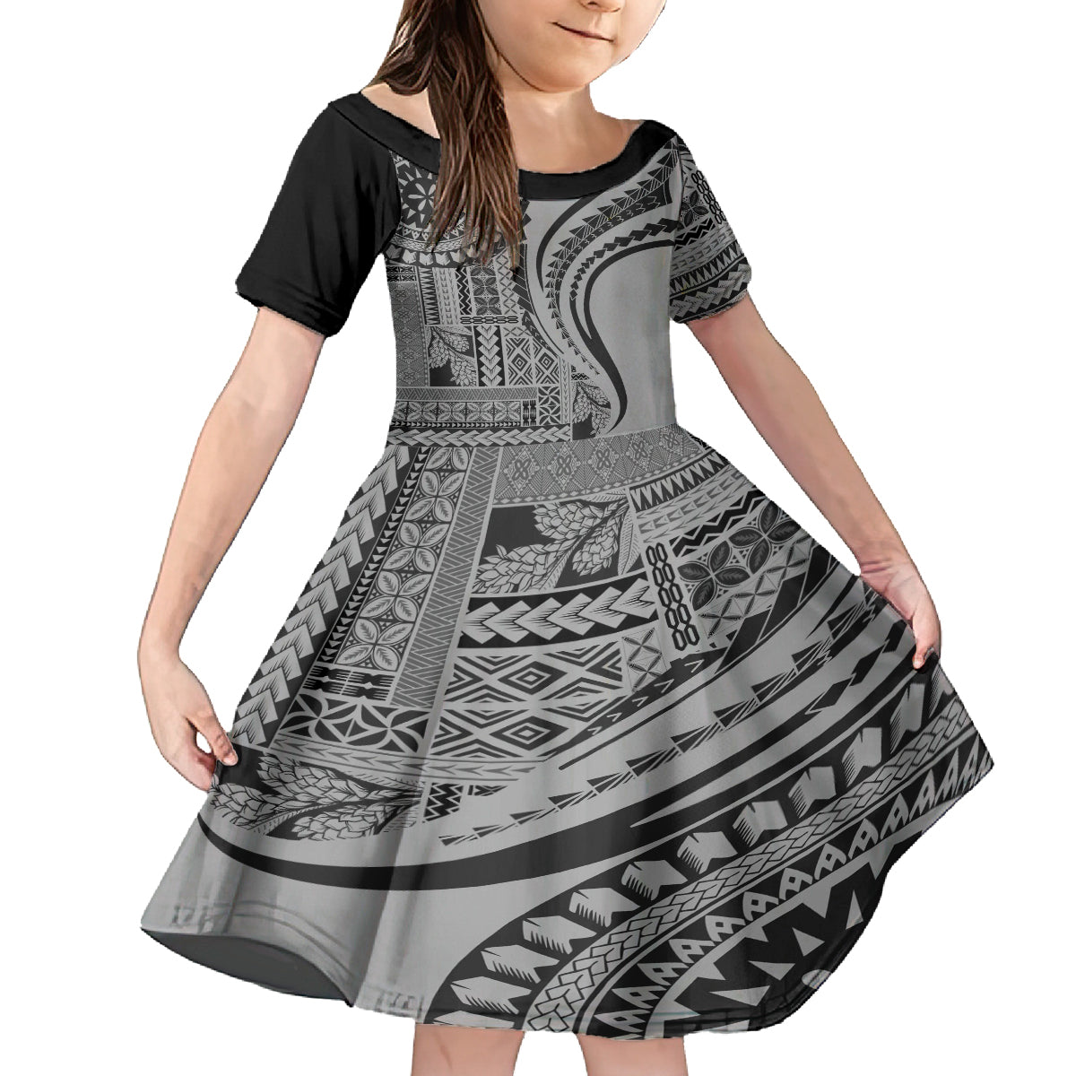 Samoa Siapo Arty Family Matching Off Shoulder Short Dress and Hawaiian Shirt Black Style LT9 - Wonder Print Shop
