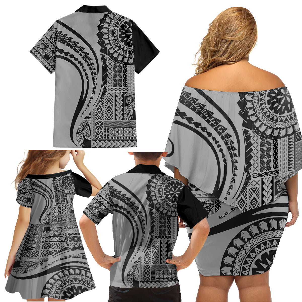 Samoa Siapo Arty Family Matching Off Shoulder Short Dress and Hawaiian Shirt Black Style LT9 - Wonder Print Shop