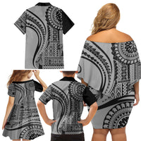 Samoa Siapo Arty Family Matching Off Shoulder Short Dress and Hawaiian Shirt Black Style LT9 - Wonder Print Shop