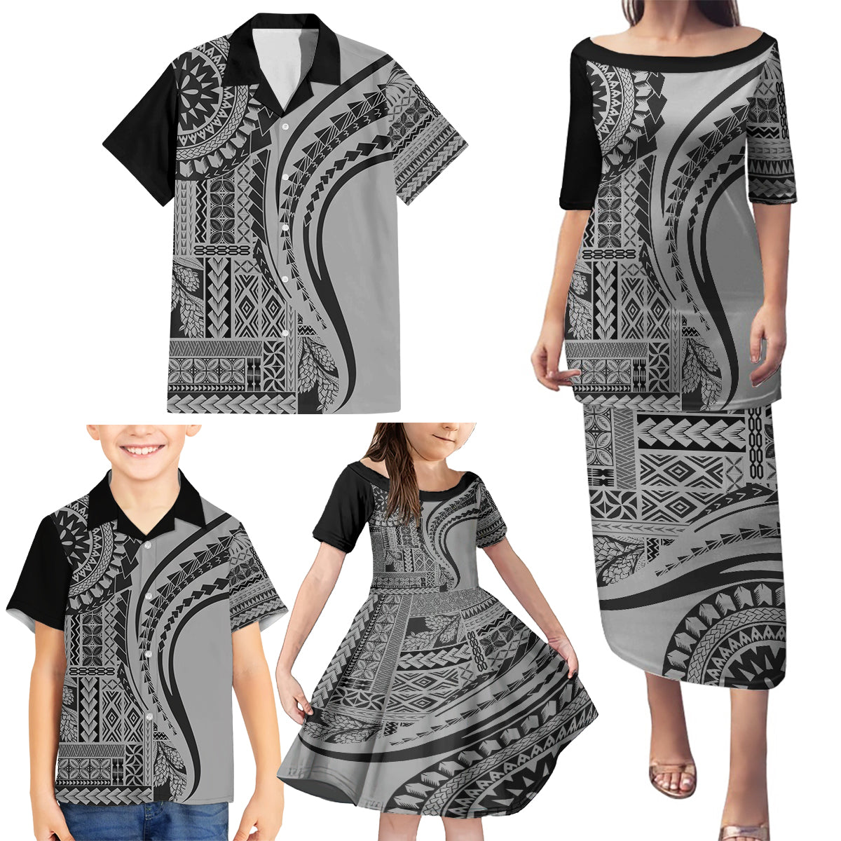 Samoa Siapo Arty Family Matching Puletasi Dress and Hawaiian Shirt Black Style - Wonder Print Shop