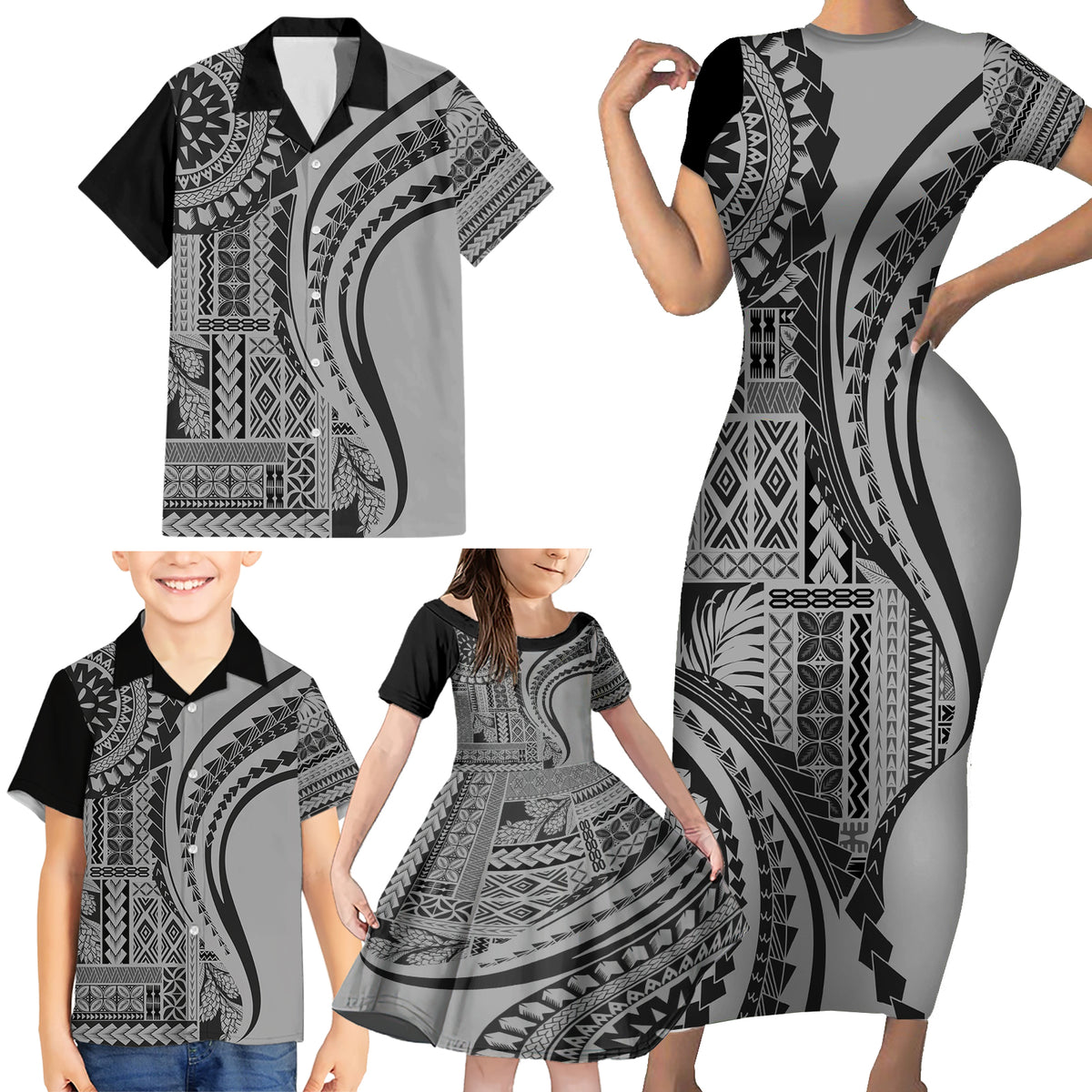 Samoa Siapo Arty Family Matching Short Sleeve Bodycon Dress and Hawaiian Shirt Black Style - Wonder Print Shop