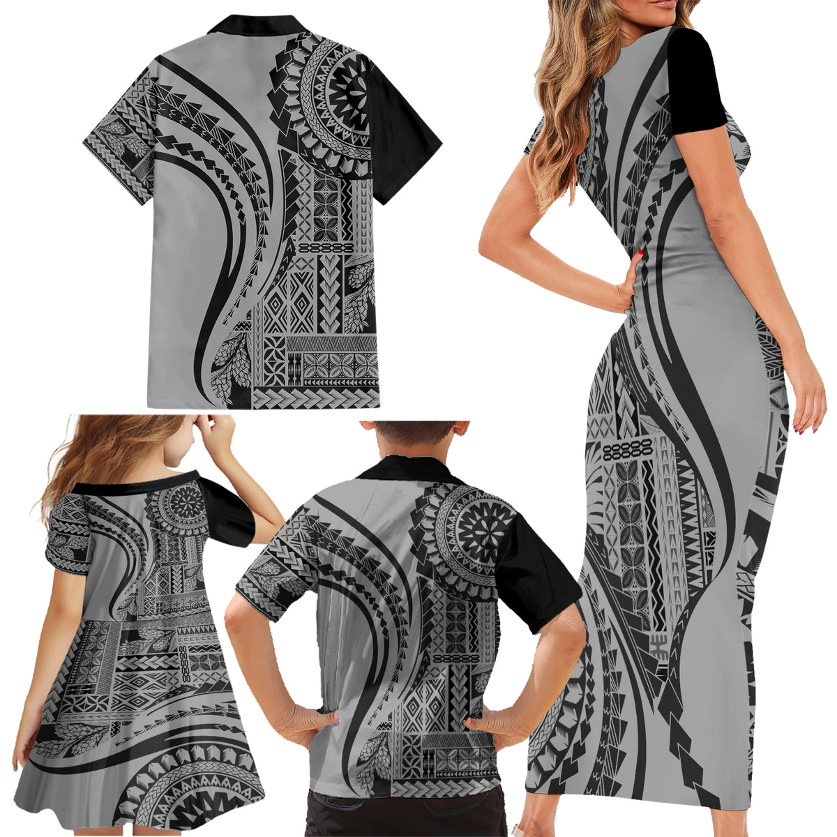 Samoa Siapo Arty Family Matching Short Sleeve Bodycon Dress and Hawaiian Shirt Black Style - Wonder Print Shop