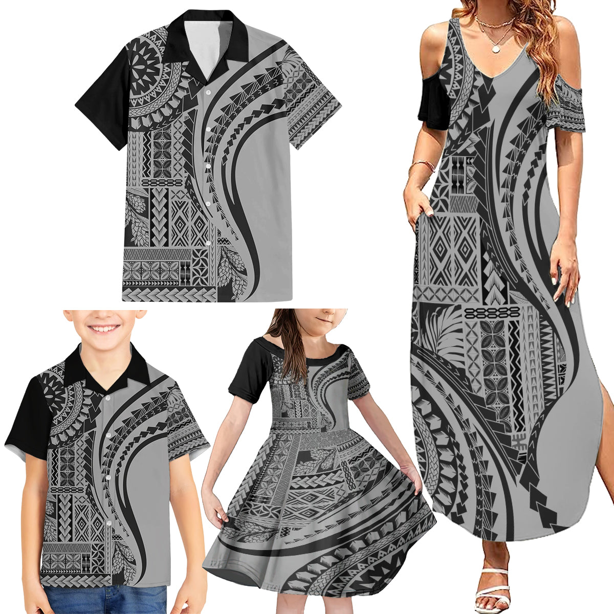 Samoa Siapo Arty Family Matching Summer Maxi Dress and Hawaiian Shirt Black Style - Wonder Print Shop