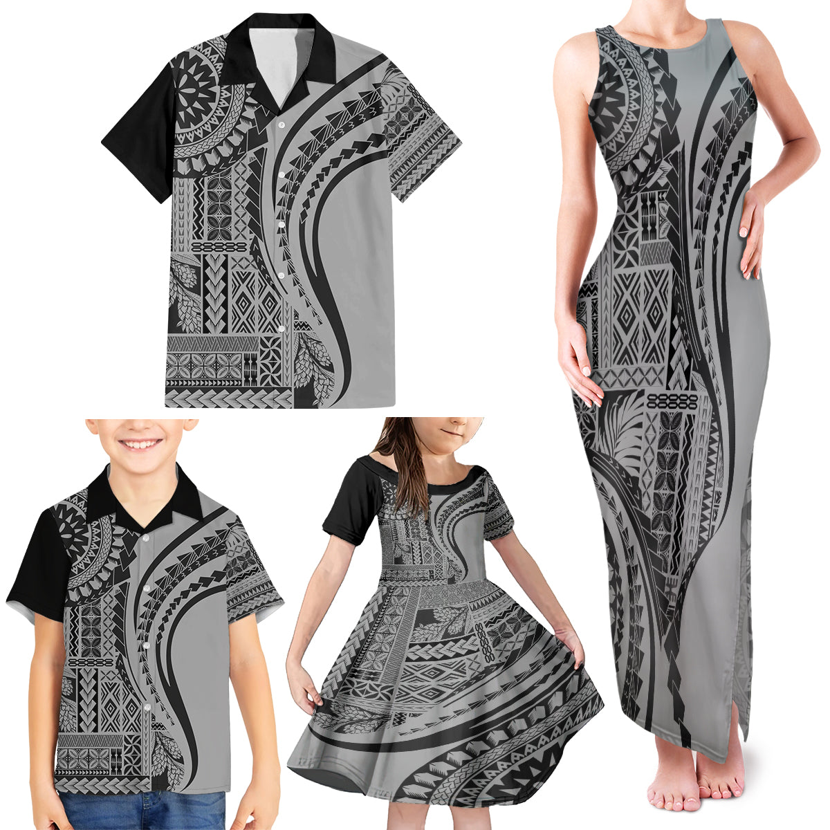 Samoa Siapo Arty Family Matching Tank Maxi Dress and Hawaiian Shirt Black Style - Wonder Print Shop