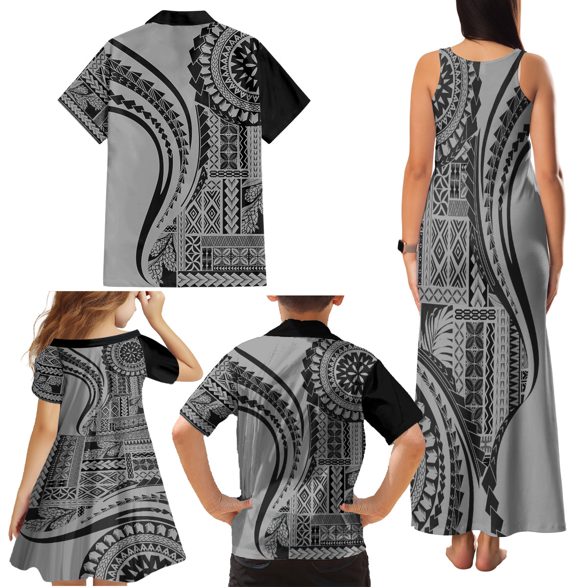 Samoa Siapo Arty Family Matching Tank Maxi Dress and Hawaiian Shirt Black Style - Wonder Print Shop