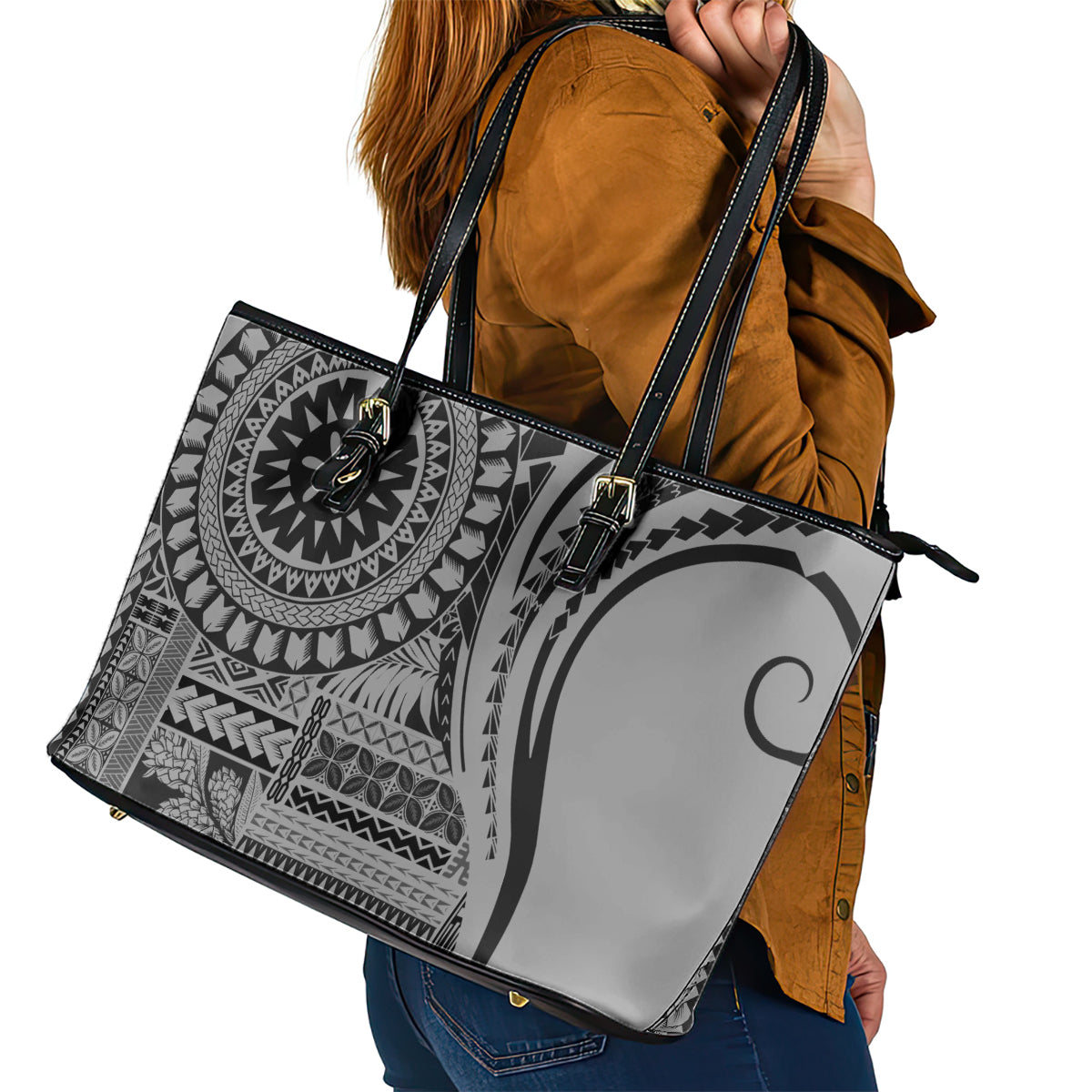 Samoa Siapo Arty Leather Tote Bag Black Style - Wonder Print Shop