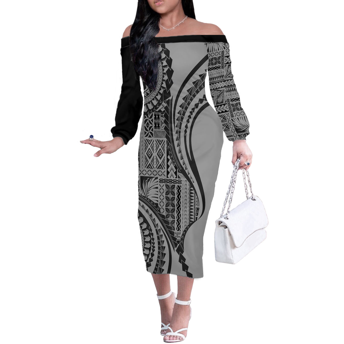 Samoa Siapo Arty Off The Shoulder Long Sleeve Dress Black Style - Wonder Print Shop