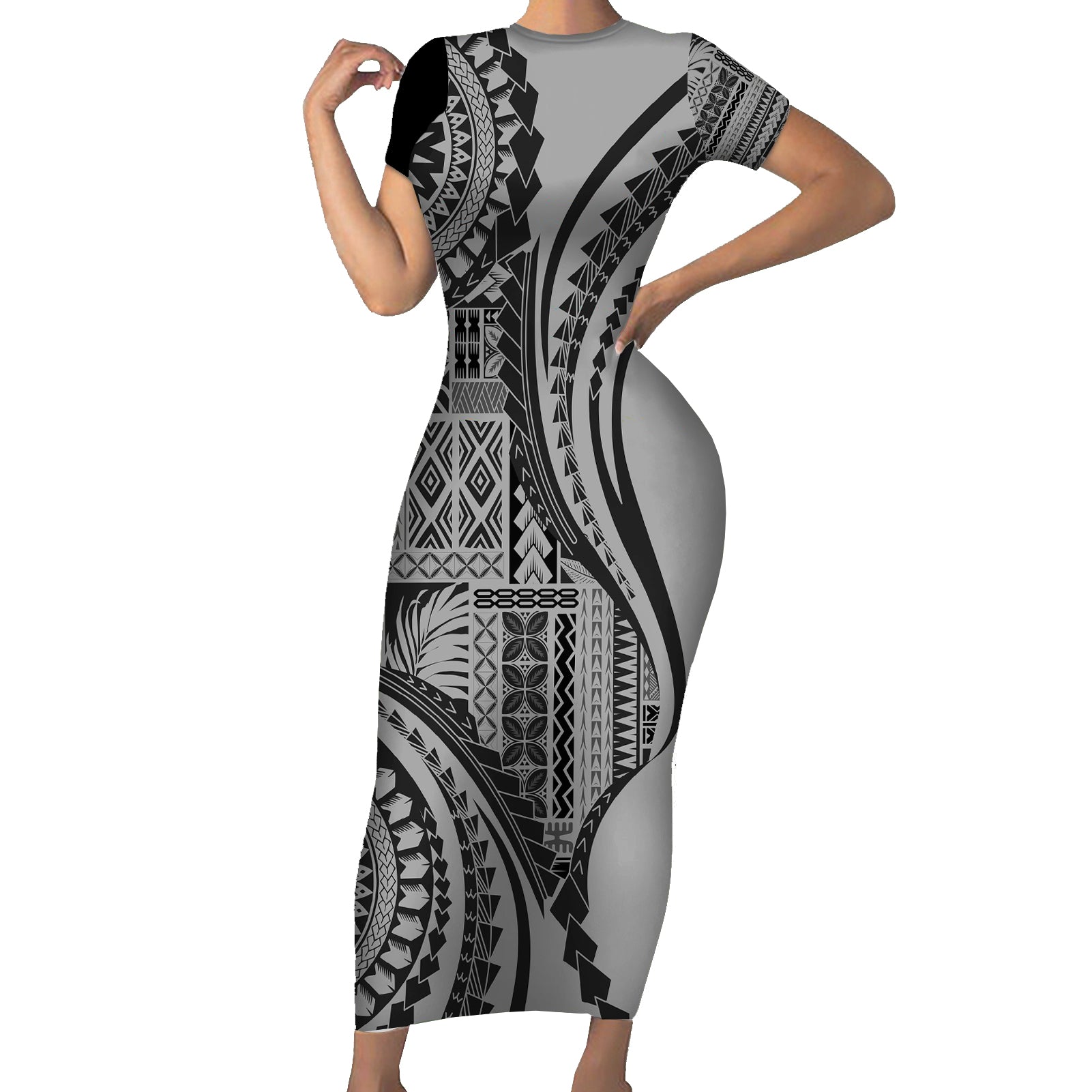 Samoa Siapo Arty Short Sleeve Bodycon Dress Black Style - Wonder Print Shop