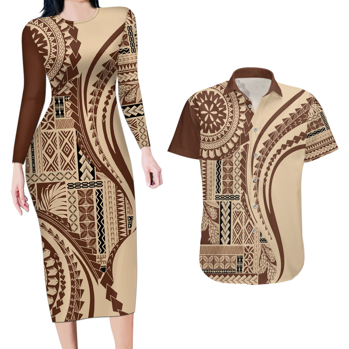 Samoa Siapo Arty Couples Matching Long Sleeve Bodycon Dress and Hawaiian Shirt Brown Style LT9 - Wonder Print Shop