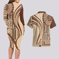 Samoa Siapo Arty Couples Matching Long Sleeve Bodycon Dress and Hawaiian Shirt Brown Style LT9 - Wonder Print Shop