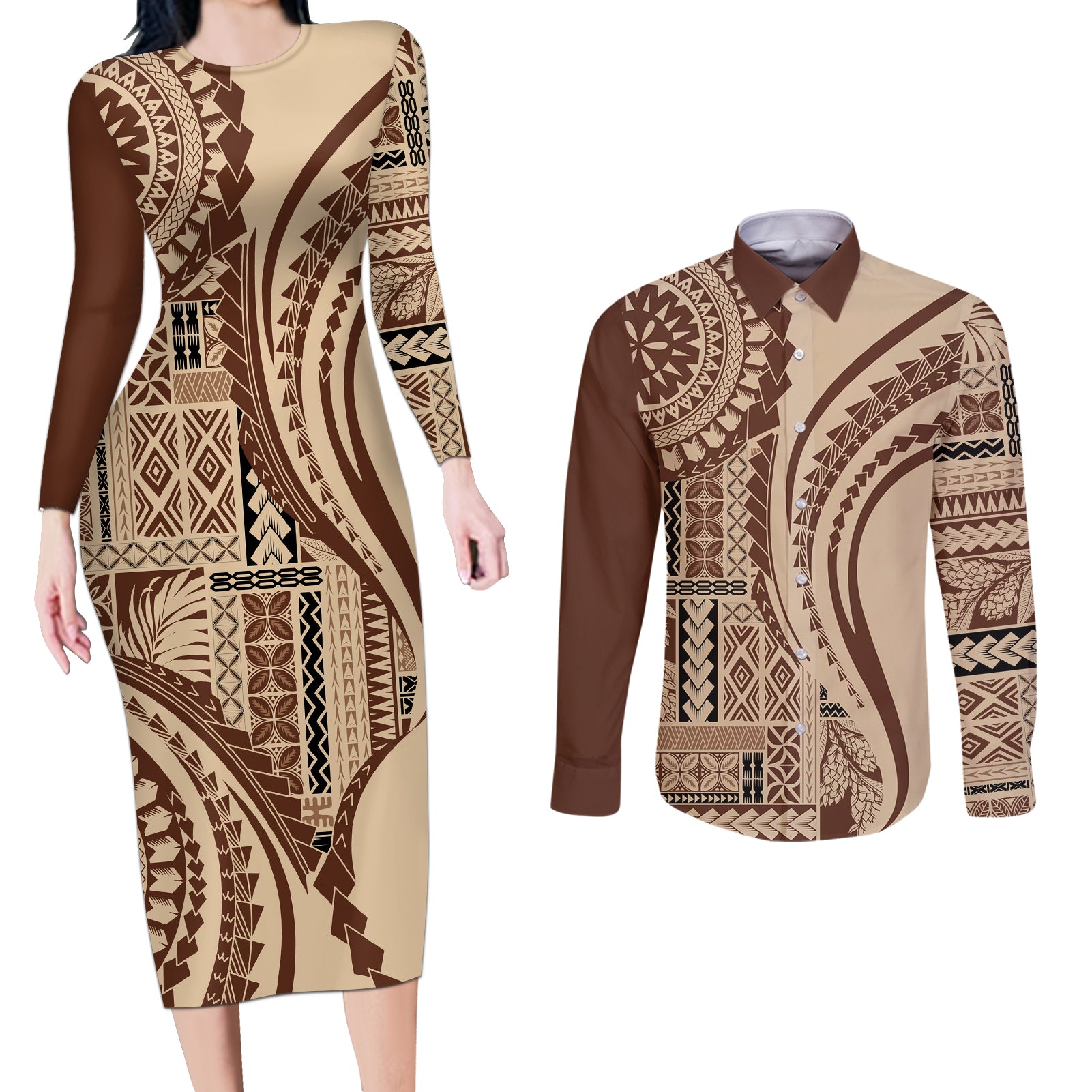 Samoa Siapo Arty Couples Matching Long Sleeve Bodycon Dress and Long Sleeve Button Shirt Brown Style LT9 - Wonder Print Shop