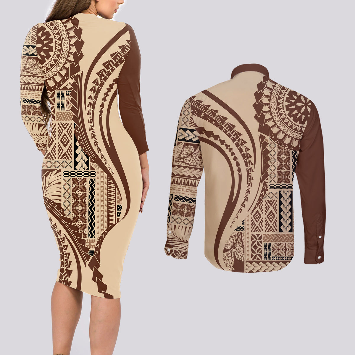 Samoa Siapo Arty Couples Matching Long Sleeve Bodycon Dress and Long Sleeve Button Shirt Brown Style LT9 - Wonder Print Shop