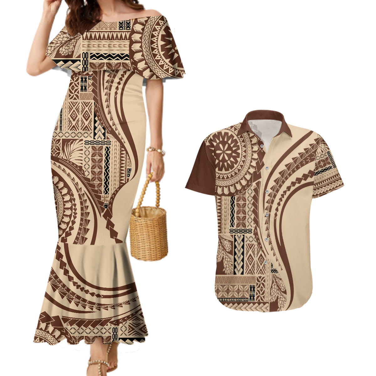 Samoa Siapo Arty Couples Matching Mermaid Dress and Hawaiian Shirt Brown Style LT9 - Wonder Print Shop