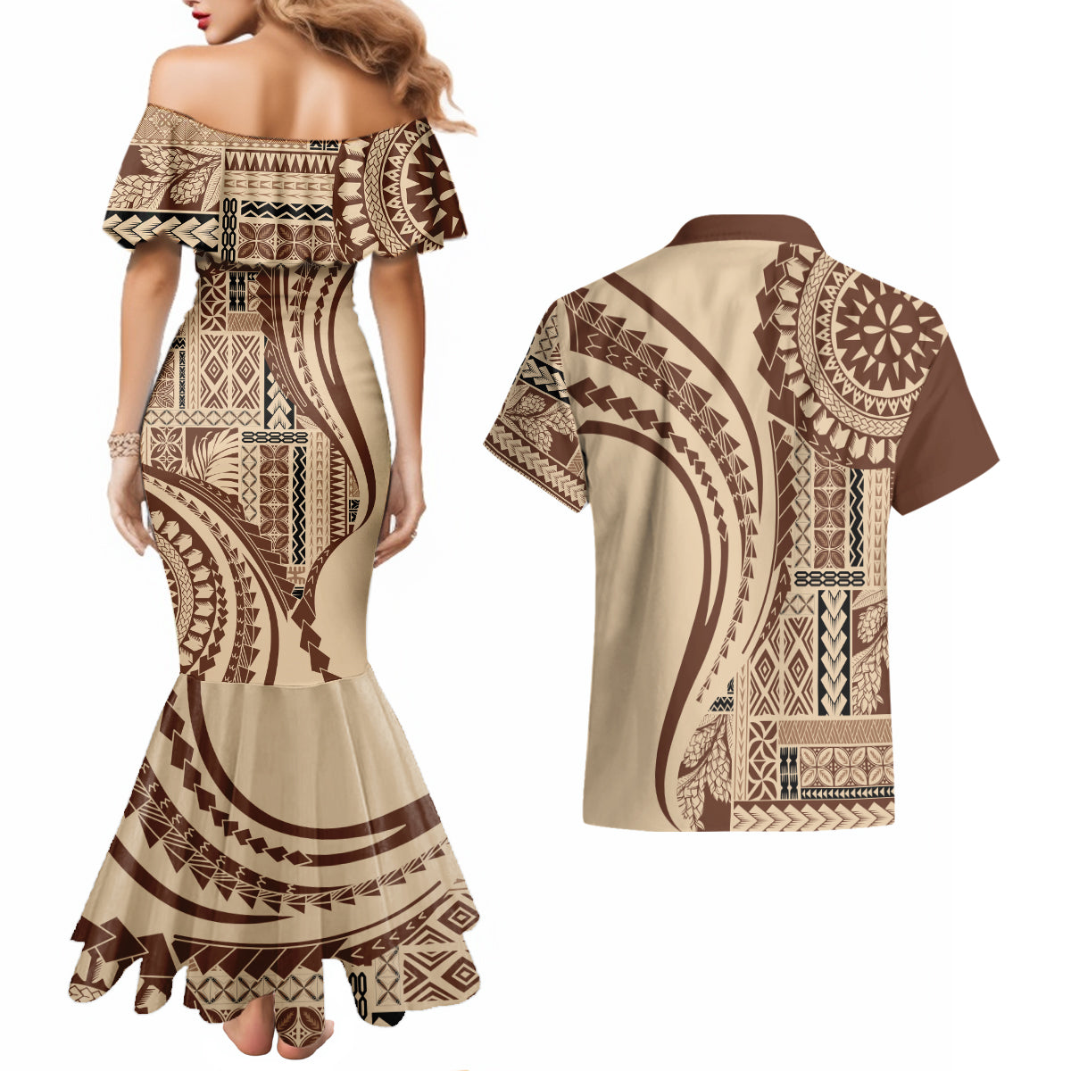 Samoa Siapo Arty Couples Matching Mermaid Dress and Hawaiian Shirt Brown Style LT9 - Wonder Print Shop
