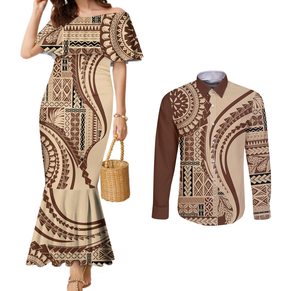 samoa-siapo-arty-couples-matching-mermaid-dress-and-long-sleeve-button-shirt-brown-style