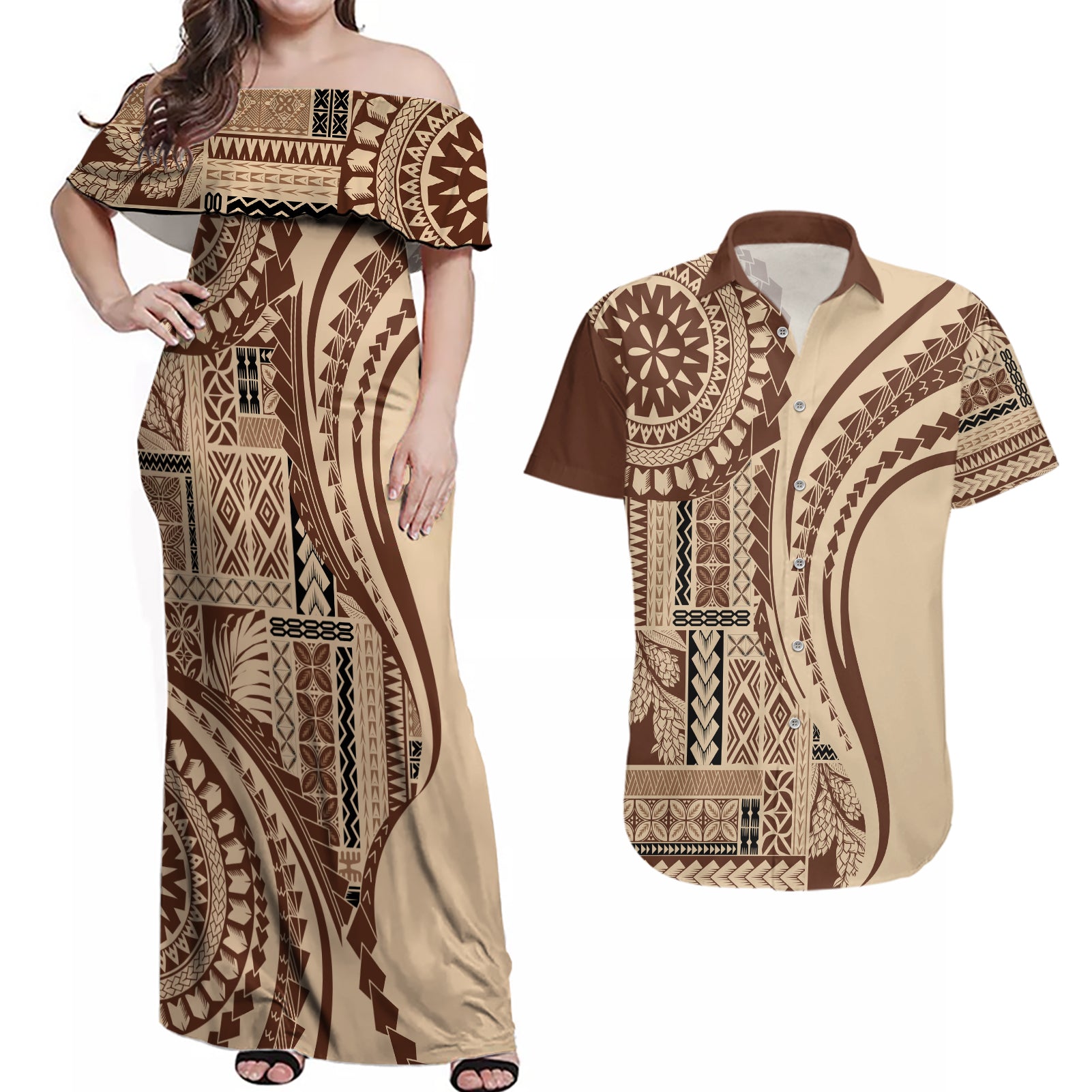 Samoa Siapo Arty Couples Matching Off Shoulder Maxi Dress and Hawaiian Shirt Brown Style LT9 - Wonder Print Shop