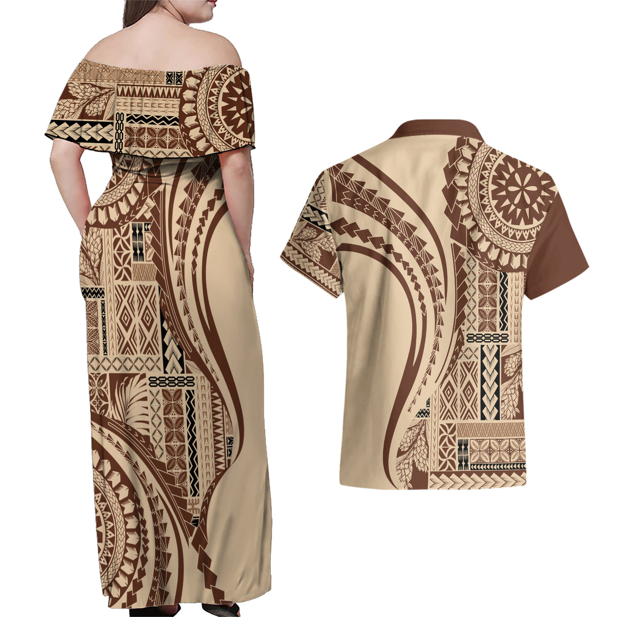 Samoa Siapo Arty Couples Matching Off Shoulder Maxi Dress and Hawaiian Shirt Brown Style LT9 - Wonder Print Shop