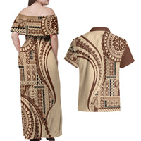 Samoa Siapo Arty Couples Matching Off Shoulder Maxi Dress and Hawaiian Shirt Brown Style LT9 - Wonder Print Shop
