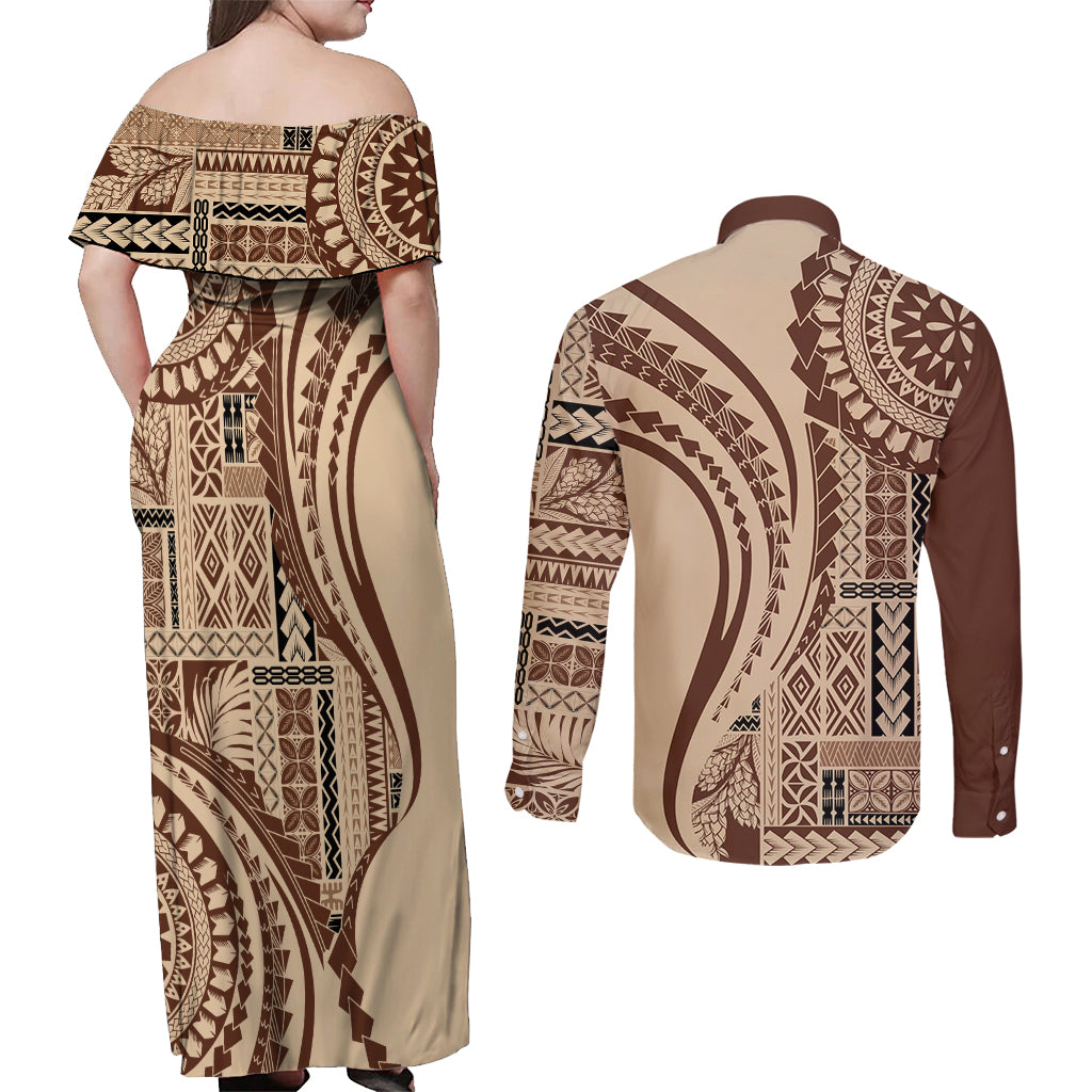 Samoa Siapo Arty Couples Matching Off Shoulder Maxi Dress and Long Sleeve Button Shirt Brown Style LT9 - Wonder Print Shop