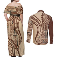 Samoa Siapo Arty Couples Matching Off Shoulder Maxi Dress and Long Sleeve Button Shirt Brown Style LT9 - Wonder Print Shop