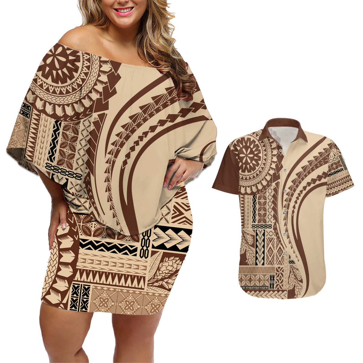 Samoa Siapo Arty Couples Matching Off Shoulder Short Dress and Hawaiian Shirt Brown Style LT9 - Wonder Print Shop