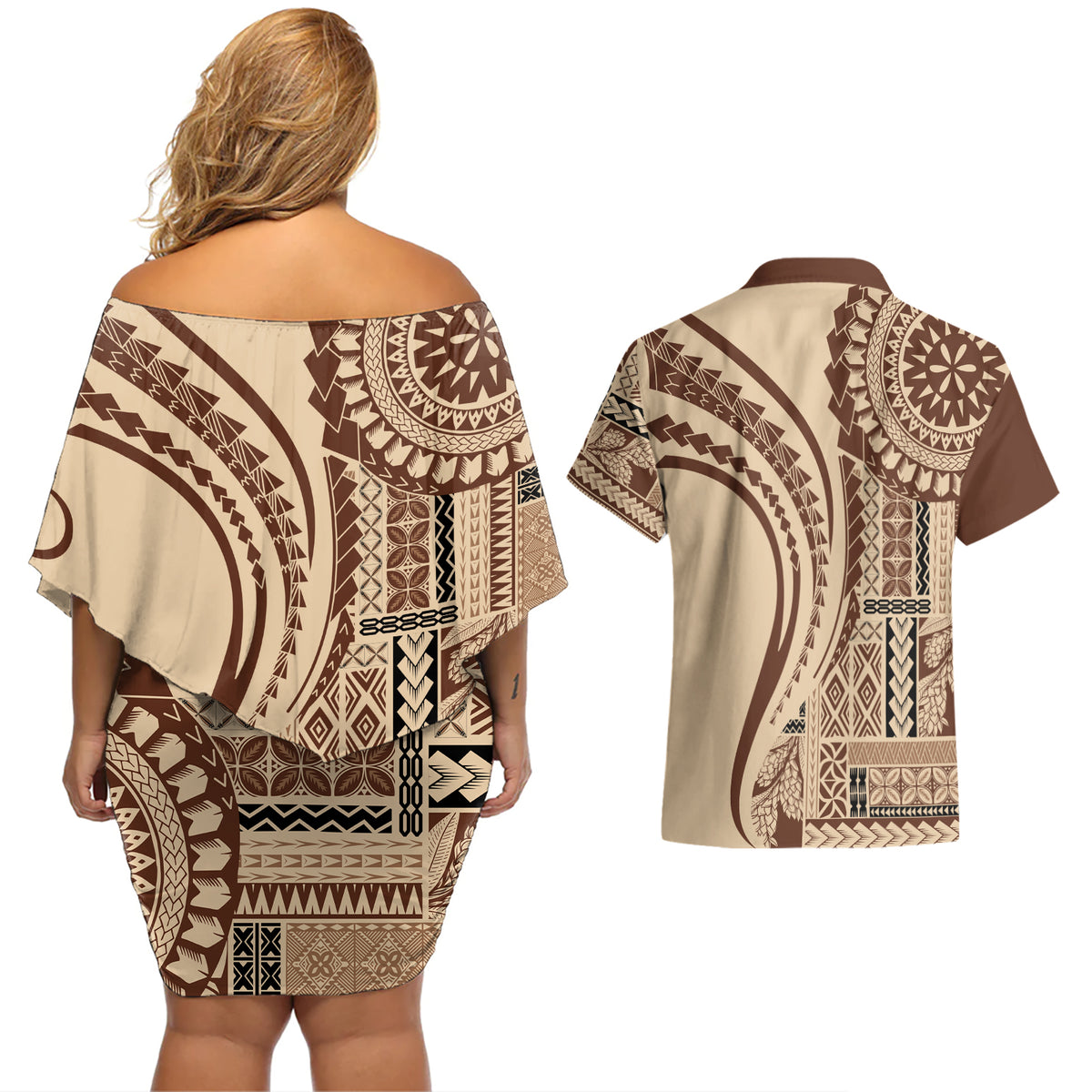 Samoa Siapo Arty Couples Matching Off Shoulder Short Dress and Hawaiian Shirt Brown Style LT9 - Wonder Print Shop