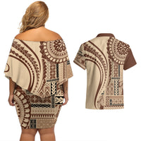 Samoa Siapo Arty Couples Matching Off Shoulder Short Dress and Hawaiian Shirt Brown Style LT9 - Wonder Print Shop