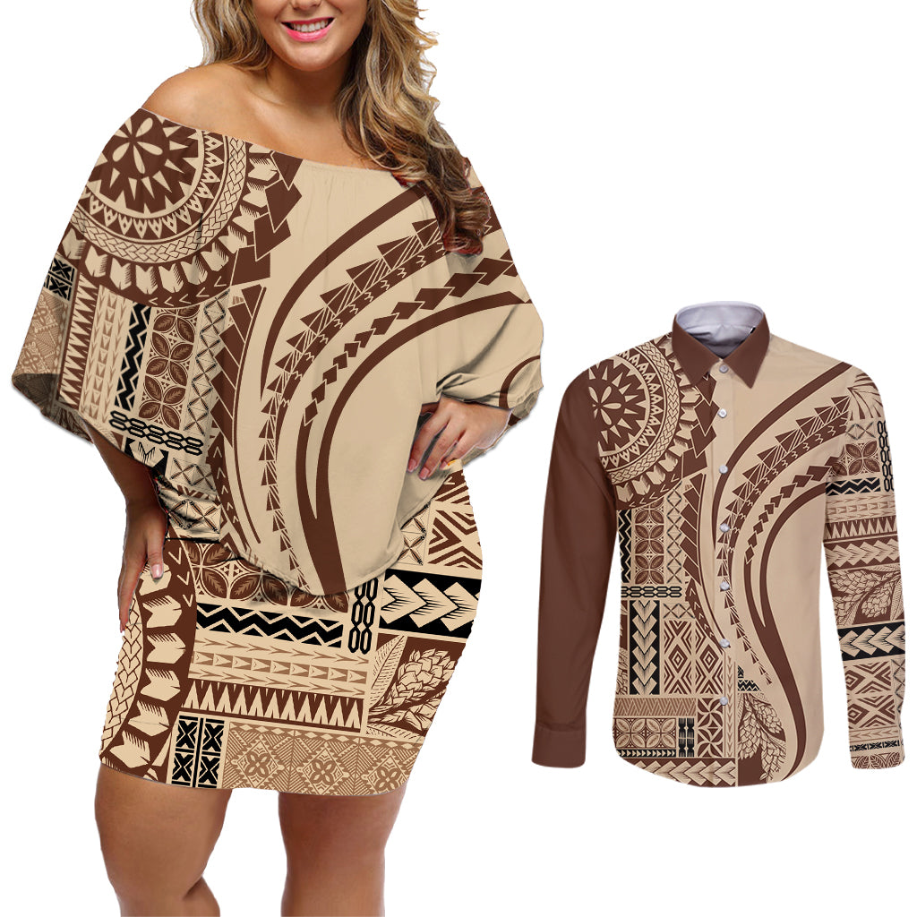 Samoa Siapo Arty Couples Matching Off Shoulder Short Dress and Long Sleeve Button Shirt Brown Style LT9 - Wonder Print Shop