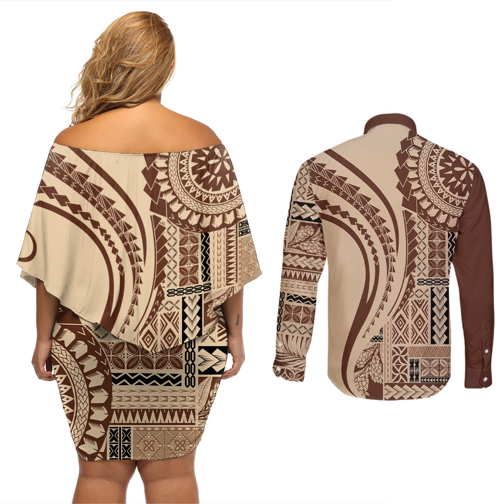 Samoa Siapo Arty Couples Matching Off Shoulder Short Dress and Long Sleeve Button Shirt Brown Style LT9 - Wonder Print Shop