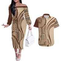 Samoa Siapo Arty Couples Matching Off The Shoulder Long Sleeve Dress and Hawaiian Shirt Brown Style LT9 - Wonder Print Shop