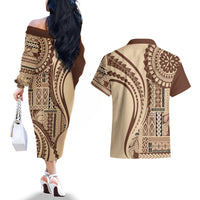 Samoa Siapo Arty Couples Matching Off The Shoulder Long Sleeve Dress and Hawaiian Shirt Brown Style LT9 - Wonder Print Shop