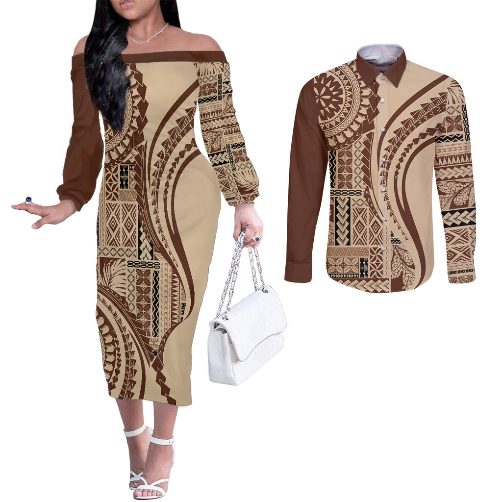 samoa-siapo-arty-couples-matching-off-the-shoulder-long-sleeve-dress-and-long-sleeve-button-shirt-brown-style