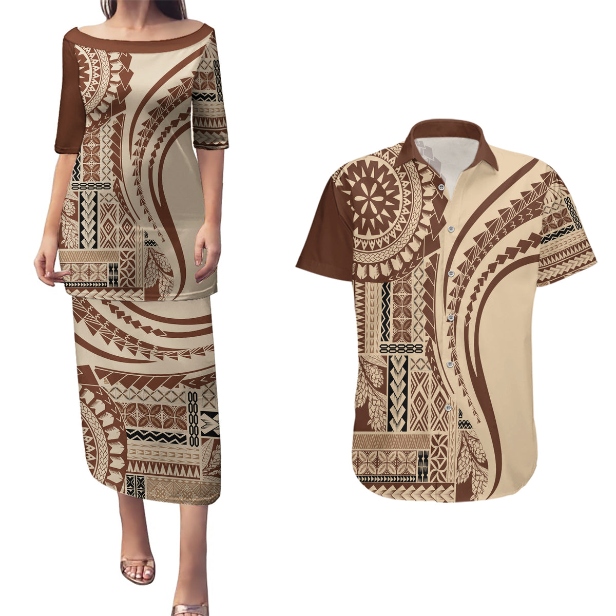 Samoa Siapo Arty Couples Matching Puletasi Dress and Hawaiian Shirt Brown Style LT9 - Wonder Print Shop