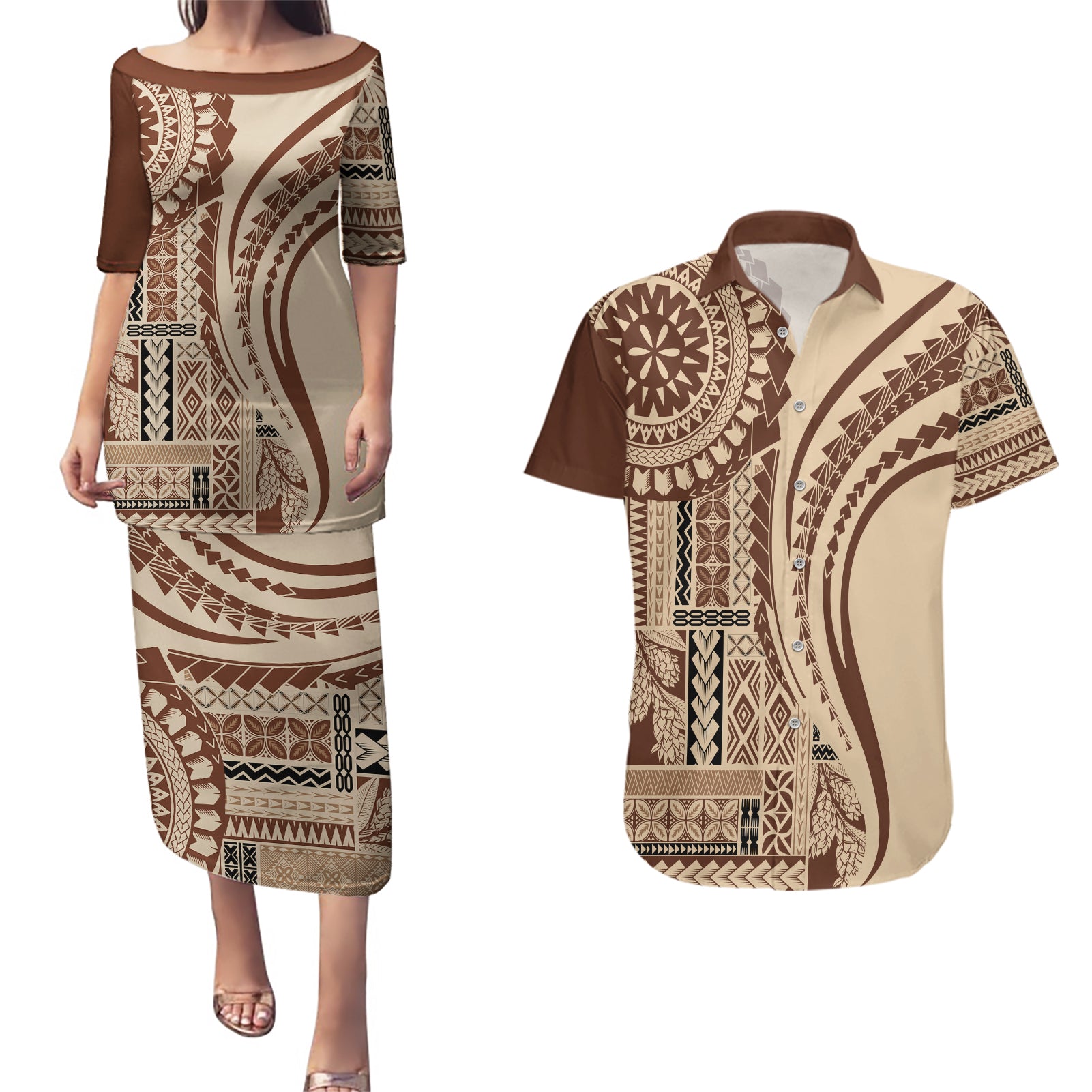 Samoa Siapo Arty Couples Matching Puletasi Dress and Hawaiian Shirt Brown Style LT9 - Wonder Print Shop