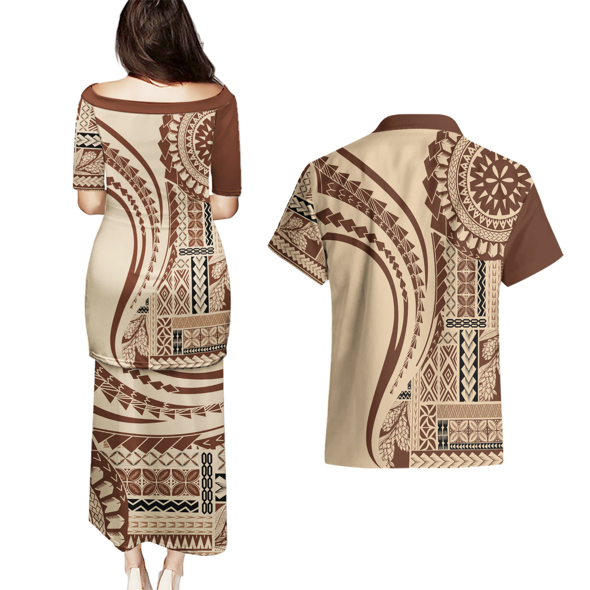 Samoa Siapo Arty Couples Matching Puletasi Dress and Hawaiian Shirt Brown Style LT9 - Wonder Print Shop
